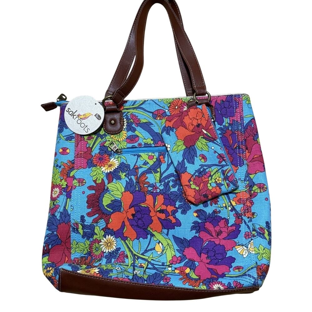 SAK ROOTS ARTIST CIRCLE MULTICOLOR FLORAL TOTE MESSENGER BAG W/ CLUTCH